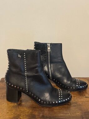 Zadig & Voltaire Black Leather Studded Ankle Boots Size 38